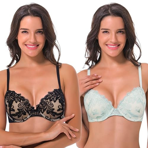 Curve Muse Women Plus Size Push Up Add 1 and a Half Cup Underwire Lace Mesh Bra-2PK-Black,Blue Floreal-36B (EU:80B)