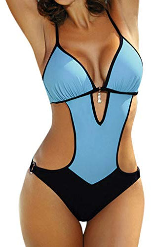 Women's One Piece Swimsuit Cutout Halter Neck Bathing Suits Tummy Control Swimwear for Teen Girls Ladies Sexy Swimming Costumes Blue