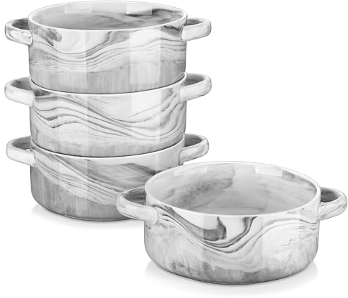 MALACASA Suppenschalen mit Griffen, 800 ML Porzellan Suppenschalen Set von 4, Elfenbein weiß servieren Suppe Crocks Schalen für Französisch Zwiebelsuppe, Getreide und Eintopf, Serie Regular (Grau)