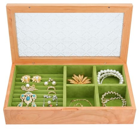 hleo® Schmuckkästchen Schmuckaufbewahrung aus hochwertigem Kirschholz mit Samtfutter und Vintage-Glasdeckel, größenverstellbaren Fächern - idealer Organizer für Ringe, Ketten und Broschen
