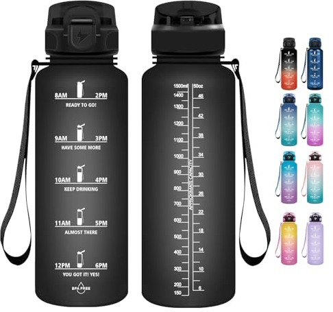 Grsta Gourde - 1500ML - Gourde Sport, sans BPA, Gourde Motivation Avec Paille, Bouteille d'eau avec Marqueur de Temps pour la randonnée, l'école, Le Bureau, en Plein air - Noir