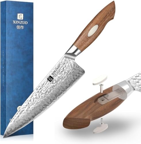 XINZUO 8.3 Inch 67 Layers Damascus Steel Chef Knife, Hand Forged Japanese AUS-10 Steel Gyuto Chef Knife with Gift Box,Walnut Wood Handle,Full Tang, Razor Sharp