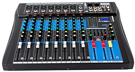 Audio Mixer, 8 Kanal Stereo Sound Mischkonsole Bluetooth mit Aux, Xlr, USb, Bluetooth Audio Interface, Mischpult für Aufnahmen, Live-Streaming, Podcasting