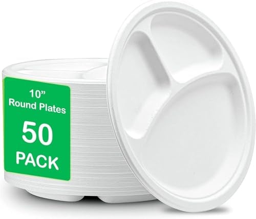 PACK OF 50 - 10 STRONG DISPOSABLE PLATES 3 Compartment Party Plates Super Rigid Biodegradable Eco Friendly Compostable Dinner Plates Perfect for All Occasions, Office, Home Birthday Party Plates