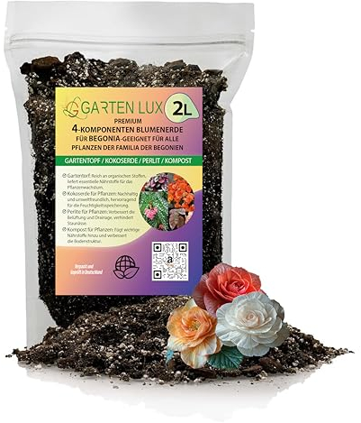 Garten Lux Premium 4-Komponenten Blumenerde-2L-für Begonia-geeignet für alle Pflanzen der Familie der Begonien- Maculata, Elatior, Knollenbegonien
