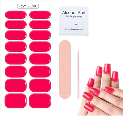 QOMJUFA 16 Pcs Strisce per smalto gel per unghie, Roso Adesivi per smalto per unghie Full Wraps Lampada UV/LED Adesivi per unghie in gel curati con Lima per unghie e Stick roseo
