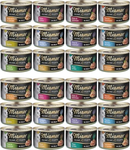 Miamor Feine Filets in Jelly Mix 24 x 100g | auch als 12 x 100g erhältlich | garantierter 8 Sorten Mix | ohne Leber und Innereien | fettarm | hochbekömmlich | Nassfutter für Katzen