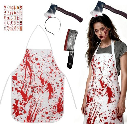 Lotiaan Halloween Tablier Sanglant, Déguisement Halloween Boucher Tablier, Costume Boucher pour Homme et Femme, ave Couteau Autocollant Terreur Accessoires, pour Déguisement Carnaval Cosplay Fête