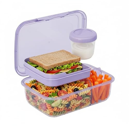 Smash 1.6L Bento Lunch Box with Tray & Leakproof Snack Pot | 3 Compartment Food Storage Container | School, Work & Travel, Purple