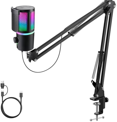 FerBuee USB PC Gaming Microphone with RGB Light, Mute Button, Volume Control, Echo Function, Headphone Monitoring Jack. Compatible with MAC, Windows, PS4/S5. Microphone with Adjustable Stand