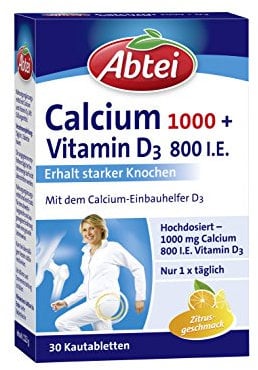 Abtei Calcium 1000 + D3 - Für den Erhalt starker Knochen - Hochdosiert - Glutenfrei, laktosefrei, für Vegetarier geeignet - Mit Zitronengeschmack - 30 Tabletten