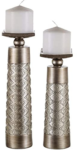 Dublin Decorative Candle Holder Set of 2 - Home Decor Pillar Candle Stand, Coffee Table Mantle Decor centerpieces for Fireplace, Living or Dining Room Table, Gift Boxed (Brushed Silver)