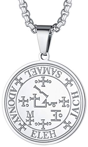 FaithHeart Collana Uomo Talismano 7 Arcangeli Amuleto Sigillo Ciondolo Rotondo Celeste 7 Arcangeli Oro/Nero/Acciaio Inox Personalizza Catena 55+5 CM Collana Protezione Occulta