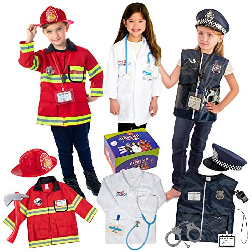 Born Toys Dress up Honorary First Responder 3 in 1 Deluxe Premium Trunk Dress up Set,Fireman Costume,Police Costume,Doctor KIT, Kids Ages 3-7 (3-in-1)