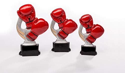 Henecka Boxen-Pokal, Resinfigur Boxen, Silber mit rot und Gold, mit Wunschgravur, Größe 20 cm