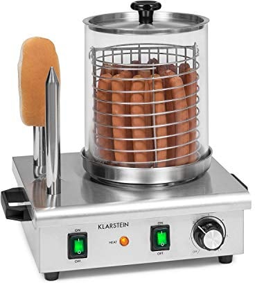 Klarstein Wurstfabrik Pro 550 Hot Dog Maker - 550 Watts, 2 Heating Spits, Temperature Controller 30-100 ° C, Glass Cylinder: Ø 20 cm, Stainless Steel Cage: Ø 17 cm, Stainless Steel Casing, Silver