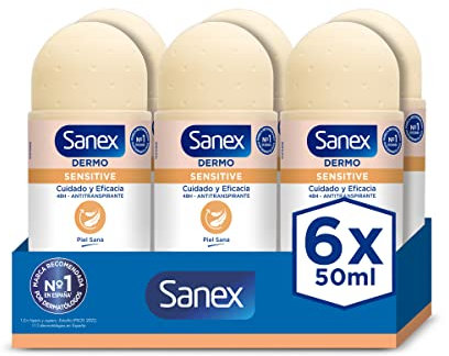 Sanex Dermo Sensitive Desodorante Roll-On, 6 Uds x 50ml, Anti-transpirante, hasta 48H de Protección contra el Sudor y el Olor, Suave con la Piel Sensible, Restaura el pH Natural de la Piel