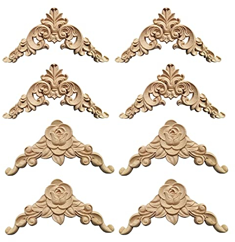 Holz Geschnitzt Ornament, 8 Stück Ecke Ornament, Applique Möbel, Geschnitzte Ecke Holz, Onlays and Appliques, Holz Skulptur Corner Unlackiert, Dekoration für Tür, Schrank, Wand, Fenster, Tisch, Möbel