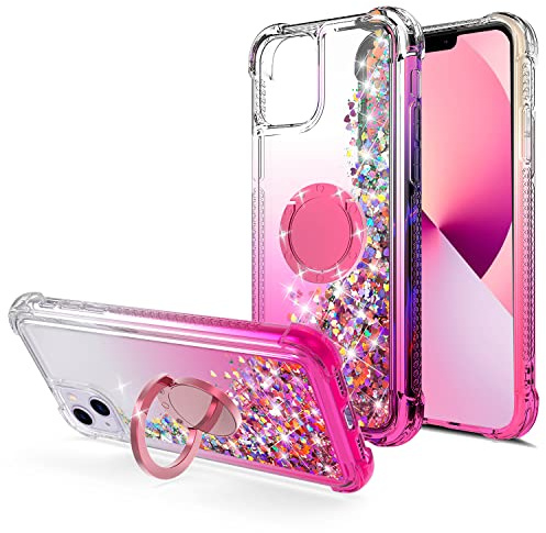 WORLDMOM Schutzhülle für iPhone 13, glitzernd, bewegliche Flüssigkeit, schwimmend, bunt, Glitzer, Wasserfall, TPU-Schutzhülle mit Drehring, Ständer für iPhone 13 [6,1 Zoll 2021], Roségold