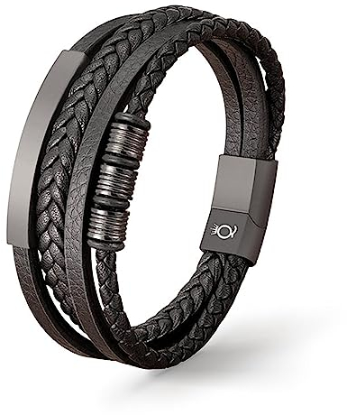 UNIQAL | Lederarmband Herren BLACK SHAPE Mens Bracelet | Edelstahl, Echtleder | Etui Box Gratis (Schwarz, 19.00)