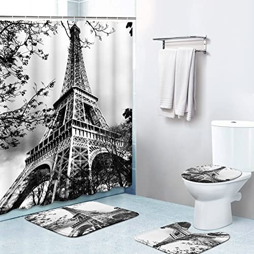 Britimes 4-teiliges Duschvorhang-Set mit 12 Haken, Eiffelturm Paris Eisen Schwarz mit rutschfesten Teppichen, WC-Deckelbezug und Badematte, für Badezimmer-Dekor-Set, 182,9 x 182,9 cm