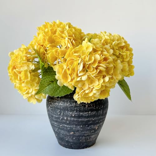 YalzoneMet Künstliche Blumen, Hortensien, Gelb, 3 Stück, natürliche lebensechte Latex-Haptik, Kunstblumen, 53.3 cm lange Stange, Hortensien für Zuhause, Party, Weihnachtsdekoration, Tischdekoration