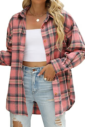 CHYRII Chemise boutonnée en Flanelle à Manches Longues pour Femme - Style décontracté, Rose -7122, Taille S