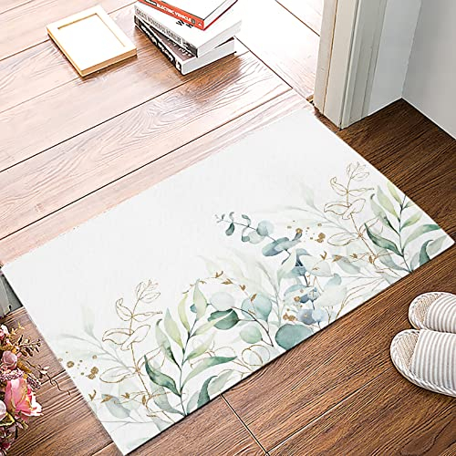 Badezimmerteppich Frühlings-Eukalyptus-Blatt-Pflanzen-Grün Schmutzfangmatte Pflegeleichte Eingangsteppich Rutschfester Fußmatte Für Badezimmer Schlafzimmer Wohnzimmer 50X80Cm