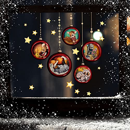 Fensterbild Weihnachtsdeko Weihnachten 5 Kugeln Weihnachtskugeln mit Tiere Sterne wiederverwendbar Winter Fensterbilder Kinder Zimmer bf184_Set - ausgewählte Größe: *Fensterbild Weihnachts-Set 1*