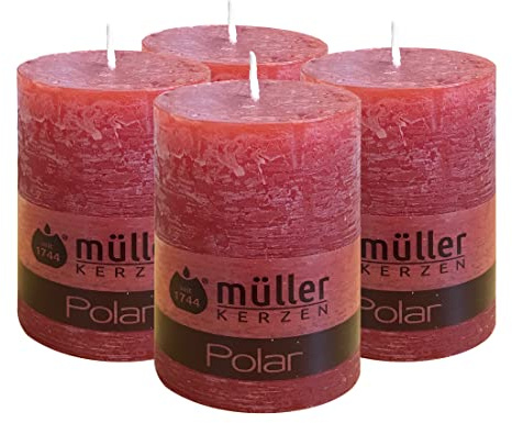 Müller Kerzen POLAR Stumpenkerzen mit Raureif-Effekt - Set mit 4 Rustikale Kerzen - Rot - 68 x 100 mm - Lange Brenndauer 46 Stunden - Unparfümiert - Tropfenfrei - RAL Qualität