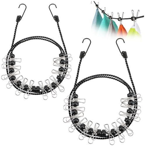 com-four® Stendibiancheria da Viaggio 2X - 180-350 cm per Filo - stendibiancheria da Campeggio con Elastico Riflettente - stendibiancheria con 12 Clip Metalliche ciascuno (Acciaio Inossidabile/Nero)