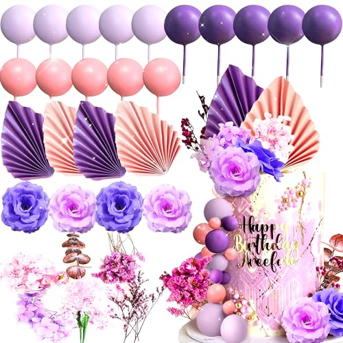 JeVenis 33 PCS Purple Cake Decorations Rose Cake Decoration Purple Rose Flower Cake Decoration Palm Leaves Cake Decoration Balls Cake Decoration Wedding Cake Decoration Disco Cake Decor