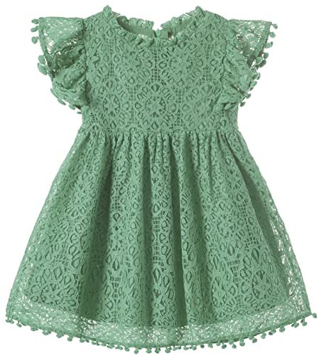 Beganly Mädchen Elegante Prinzessin Spitzenkleid Kleinkind Vintage Pom Pom Flatterärmel Party Kleider Salbei Grün 110 (Sage Green)