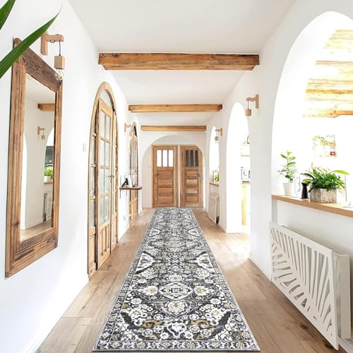 Enyhom Langer Flur Teppich Läufer 60 x 305 cm, Klassisch Waschbar Schlafzimmer Läufer Hochwertig rutschfest Küchenläufer Teppich Weich Fußmatte für Innen Außen, Grau Braun