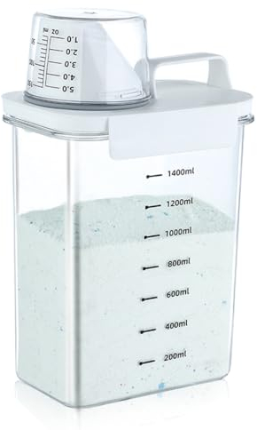 Tokokimo Distributeur de Lessive étanche à l'air de 1800 ml avec Gobelet Doseur, Rangement Lessive Multi-usages, Convient Pour la Poudre à Lessive, La Lessive, Les céréales, 1 pièce, blanc
