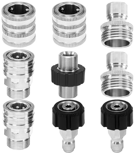 Tool Daily Pressure Washer Adapter Set, M22 to 3/8 Inch Quick Connect, 3/4 Inch to Quick Disconnect, Male M22 Hose Adapter, Stainless Steel, 9-Pack