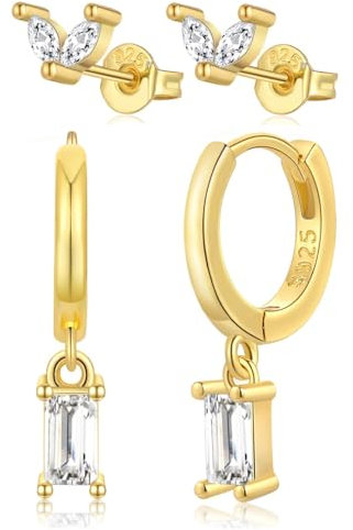FUNEIA 2 Paare Ohrringe Gold Set Hängend Tropfen Damen Frauen 14K Vergoldet Creolen Goldene Ohrstecker mit Anhänger Grün Blau Grüner Stein Drop Modeschmuck Bijux ohrring Geschenke für Mädchen