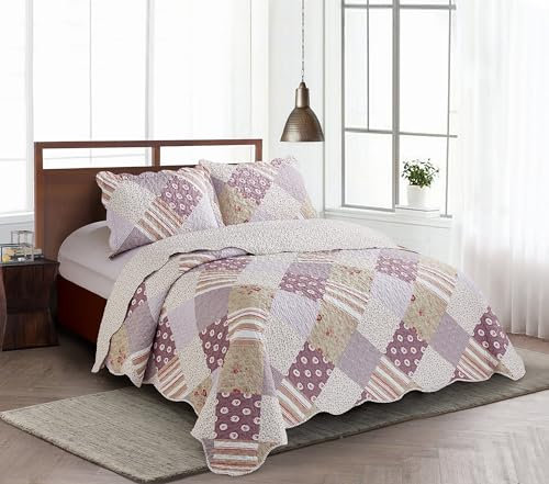 Brilliant Sunshine Rosa Rosette und Streifen Patchwork, 3-teiliges Bettwäsche-Set mit 2 Kissenbezügen, wendbare Tagesdecke, weicher, leichter Bezug, für alle Jahreszeiten, Full/Queen, Rose