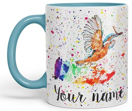 Vixar Personalisierte Keramiktasse mit Ihrem Text, King Fisher Eisvogel, Vogel, Tiere, Aquarellkunst, farbige Keramiktasse, Geschenk, 330 ml, benutzerdefinierte Arbeit, Büro, Tee, Kaffee (Türkis)