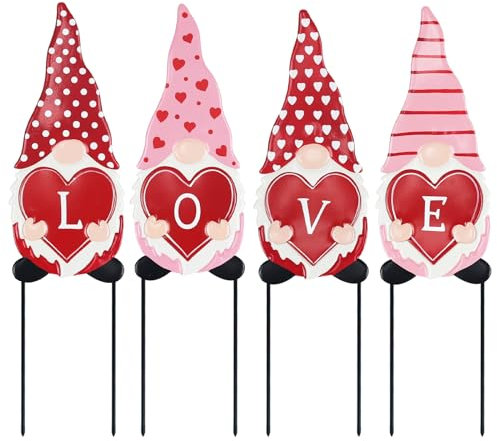 hogardeck Valentinstagsdekorationen für den Außenbereich, 4 Stück Metall-Zwerge, dekorative Gartenstecker für Valentinstag, Hofschild mit Liebe, Gartendekoration für Zuhause, draußen, Rasen, Veranda,