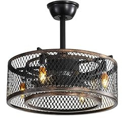 REYDELUZ Farmhouse Ceiling Fan Light Caged, 18 Industrial Flush Mount Fan Lights Ceiling Fixtures Vintage Ceiling Fan (Black)