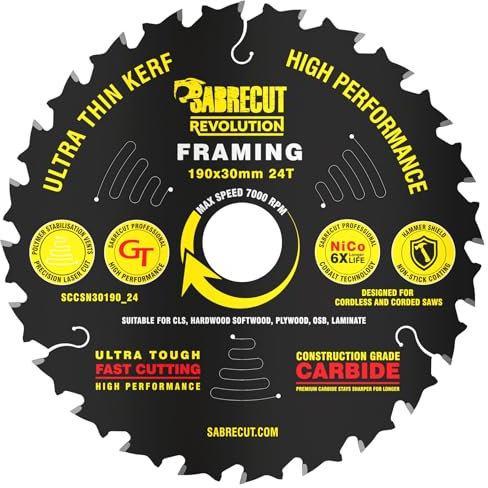 1 x SCCSN30190_24 SabreCut 190mm 24T x 30mm Bore High Performance Ultra Thin Kerf Wood Plywood MDF Chipboard Framing Circular Saw Blade