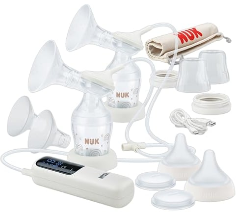 NUK Soft & Easy Double Electric Breast Pump | 100% Silicone Soft Cups | Small, Lightweight & Quiet | Rechargeable Battery for Travel | 24mm & 27mm Cups | 2 x Perfect Match Baby Bottles