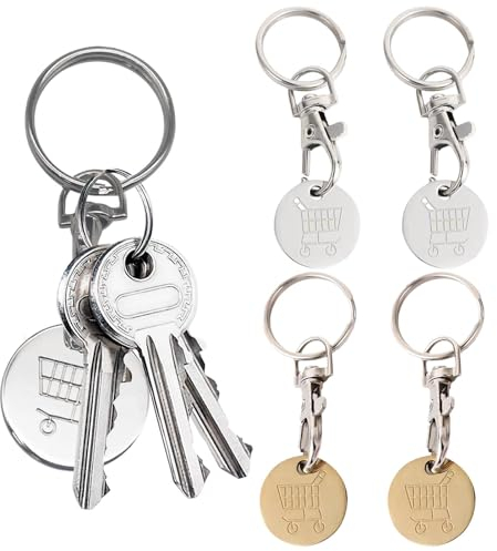 Miquora 4Pcs Trolley Coin Keyring UK Set, Shopping Trolley Token Keyrings with Lobster Clasp, Portable Supermarket Cart Trolley Tokens, Stainless Steel Grocery Shopping Cart Keychain Gifts