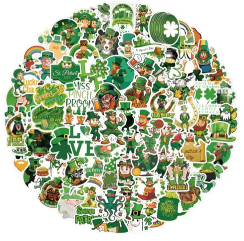 200pcs Lucky St Patrick's Day Stickers for Water Bottles,Green Vinyl Waterproof Aesthetic Stickers, Ireland Clover Day Decals Stickers Party Decorations, Irish Shamrock Sticker for Laptop,Gift Boxes