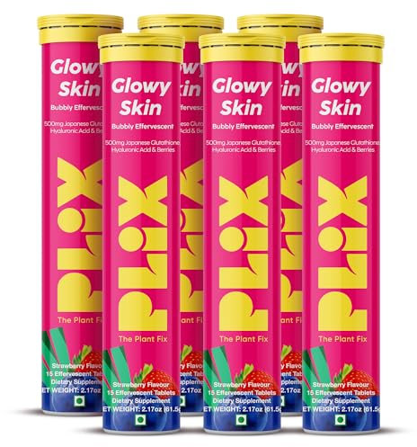PLIX Glutathione Supplement 500mg Effervescent Tablets with Vitamin C, E and Hyaluronic Acid | Clear Skin with Reduced Dark Spots | 6-Pack