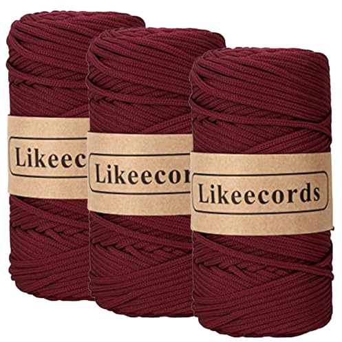 Likeecords 3 Skeins of 4mm Polyester Braided Thick Macrame String Cord 140Yard /426Feet,Elastic Yarn for Crocheting Bag Cord for DIY Crafts,Plant Hangers, Bag, and Home Decorations (Wine red)