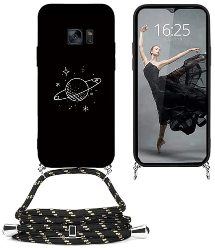EuoDuo Kompatibel mit Samsung Galaxy S7 Hülle mit Band Handyhülle Handy Kette Schwarz Silikon Muster Motiv Schutzhülle Kordel zum Umhängen Necklace Halskette Cover - Planet