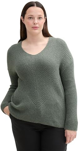 Tom Tailor Damen Plussize RIPP Strickpullover mit V-Ausschnitt, 24775 - Pale Bark Green Melange, 52