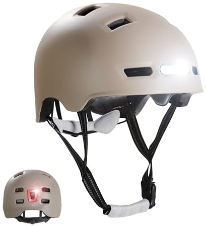 Crazy Safety Vertigo Matt Sand Fahrradhelm Vorder- und Rücklicht USB| Skater-Helm für Roller, Skateboard, Inline-Skates und BMX-Fahrräder, City-Fahrradhelm für Männer und Frauen | L 57-61cm
